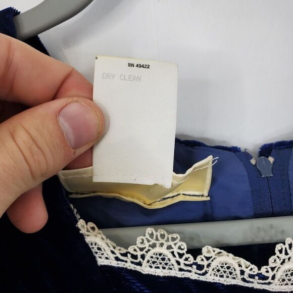 Gunne Sax Dress Velvet Vintage 80s Holiday Lace Trim Blue Draped Collar Girls 11 - Picture 10 of 11